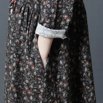 

New Fashion Loose Cotton Linen Large Size Long Sleeve Women Fashion Casual Floral Long Dress
