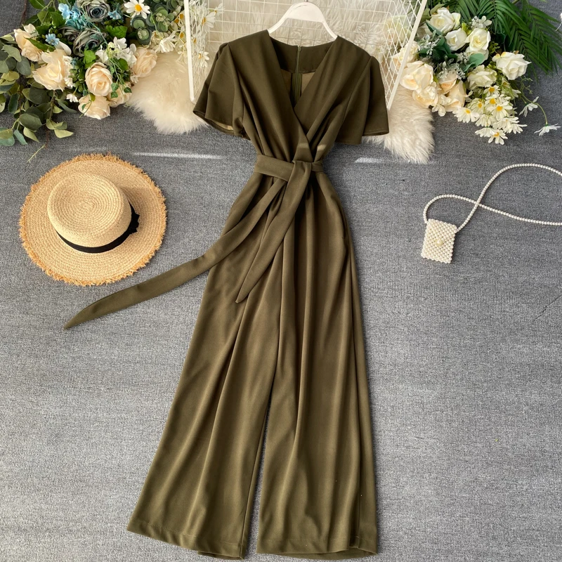 Женский офисный комбинезон однотонный Облегающий с V-образным вырезом длинный