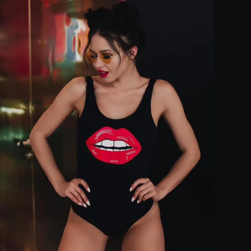 

Sexy Lips Swimsuit One Piece Swimming Suit Women's Bathing Suit Erotic Beachwear Printed Hot Swimsuit Black Cute Swimwear Summer