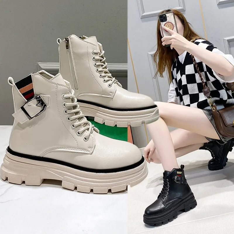 

Women's Ins Trendy 2021 Autumn and Winter New Casual Stretch Fleece Knitted Lace-up Platform Locomotive Skinny Boots