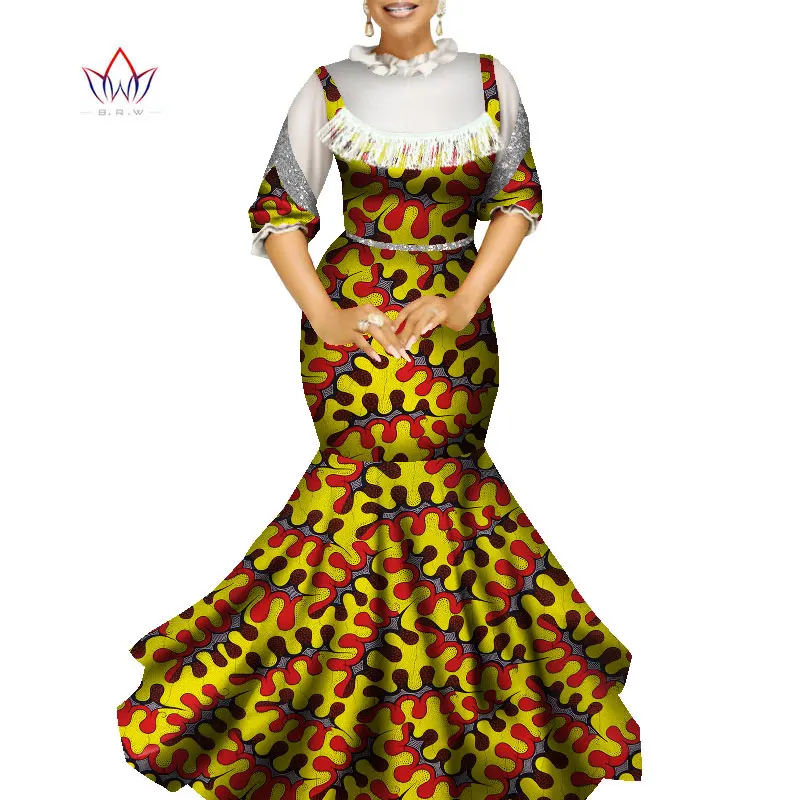 2021 New African Ankara Dresses For Women Bazin Riche Lantern Sleeve Gowns Dashiki Vestdio Vintage Lolita Party Outfits WY9047