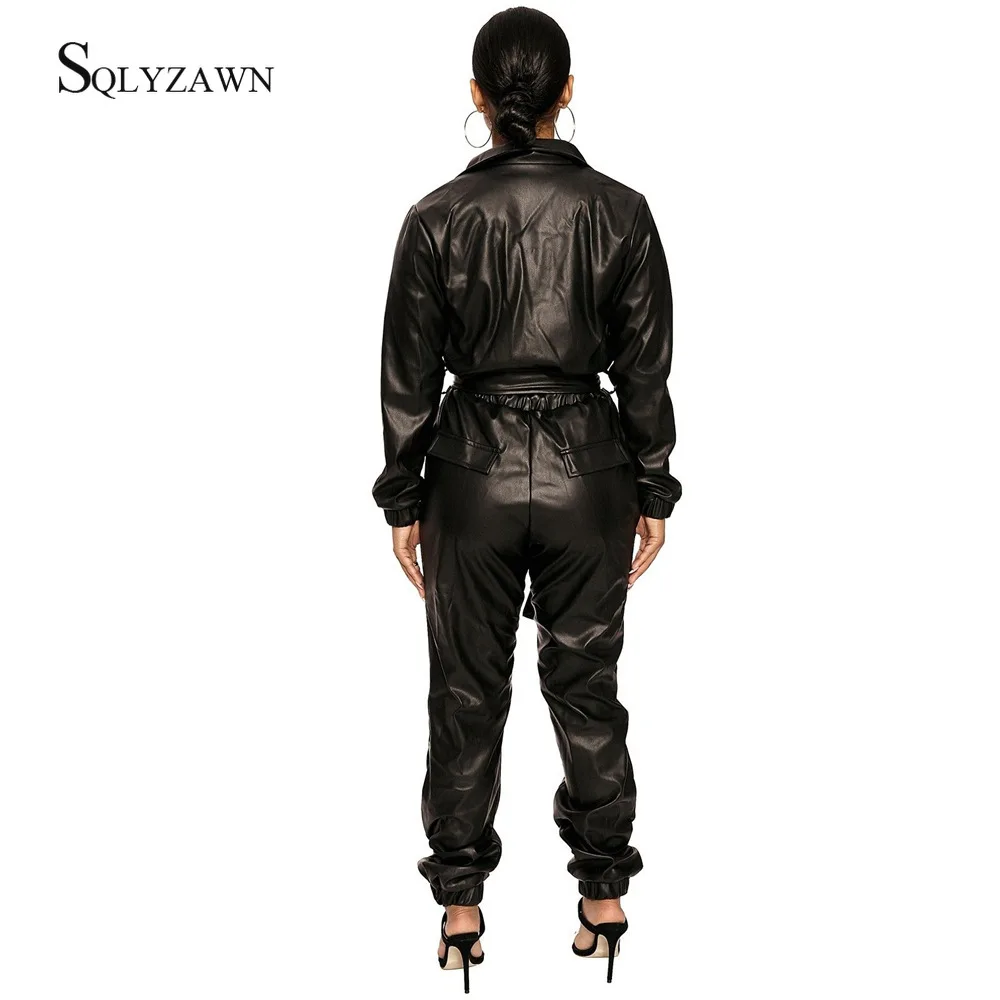 Женский комбинезон из ПУ кожи с отложным воротником и длинным рукавом |