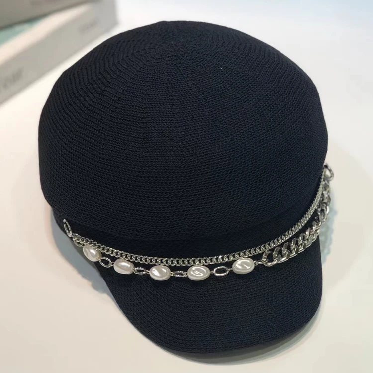 

Pearl chain cap berea octagonal cap big face wide-brim hats topi ins soft navy hat
