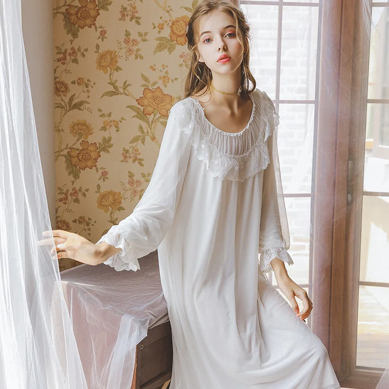 Ночная рубашка женская винтажная белая с длинным рукавом | Женская одежда