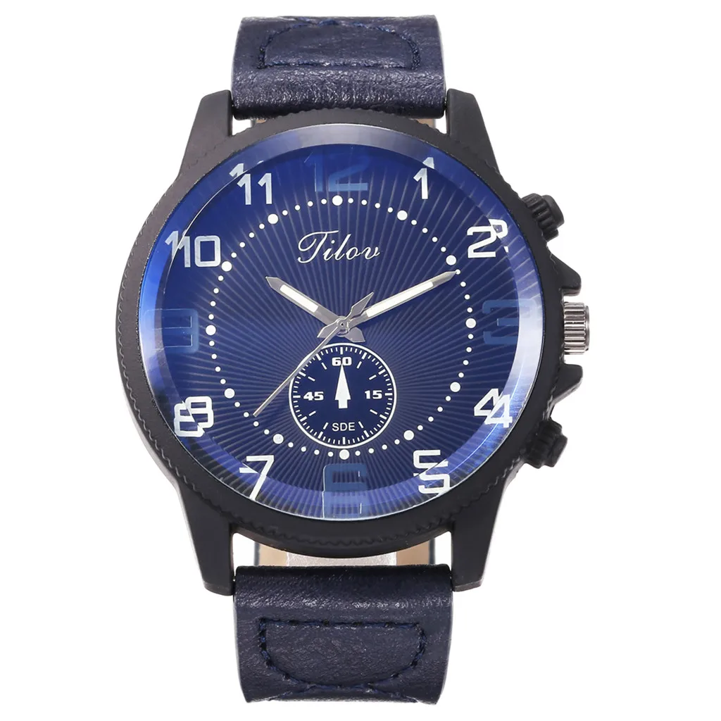 Мужские часы модные креативные с большим циферблатом двойной шкалой кожаный