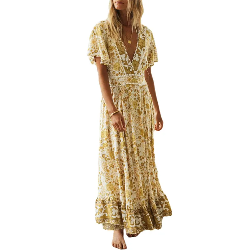 

Women Sexy Deep V-neck Floral Dress Summer Maxi Beach Sundress Off Backless Dress Boho Long Dresses Vestidos Femme