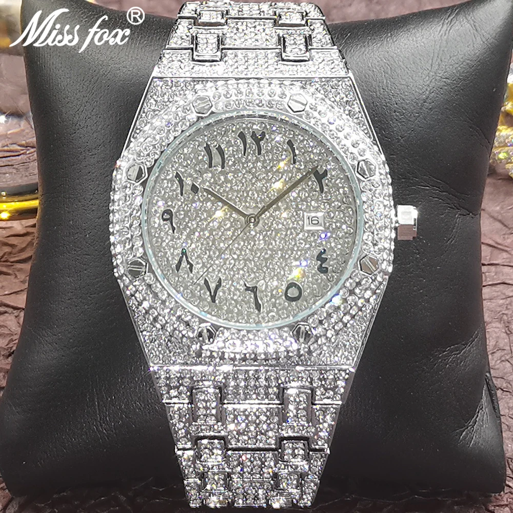 

MISSFOX Hip Hop New Mens Watches Luxury Full Diamond Silver Quartz Watch Geneva Design Arabian Number AAA Size Relogio Masculino