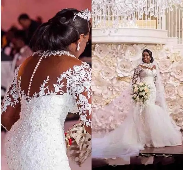 

Luxury African Wedding Dresses Mermaid High Neck Lace Applique Beaded Bridal Gowns With Long Sleeve Sweep Train Plus Size Weddin