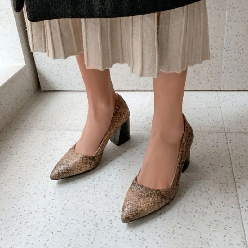 ZALAVOR Plus Size 32-43 Fashion Women Pumps Shoes New Design Snake Print Thick Heels Pointed Toe Casual Footwear | Обувь