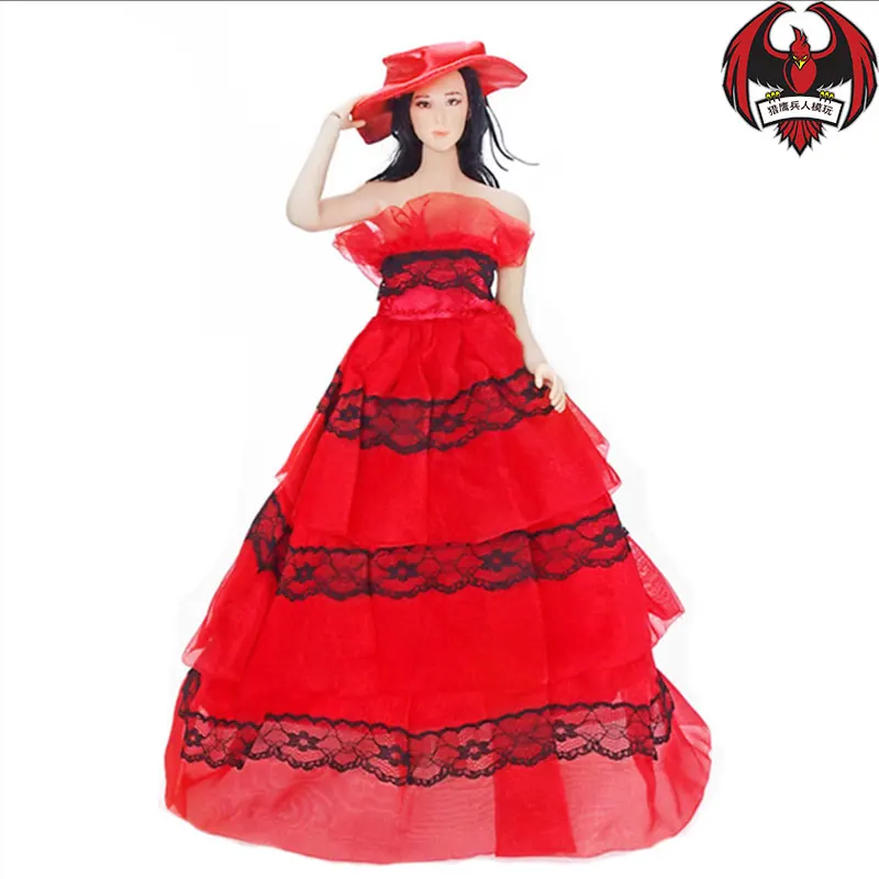 

1/6 Soldier Model Accessories Clothing Female Wedding Evening Dress Red With Round Hat In Stock