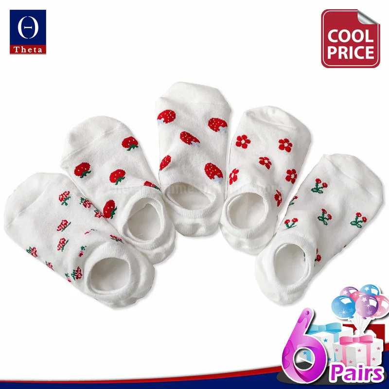 

THETA 6 pairs/set Women's Knitting Cotton Sock Slippers Fashion Kawaii No-Show Socks With Pattern Strawberries Anklet For Girls