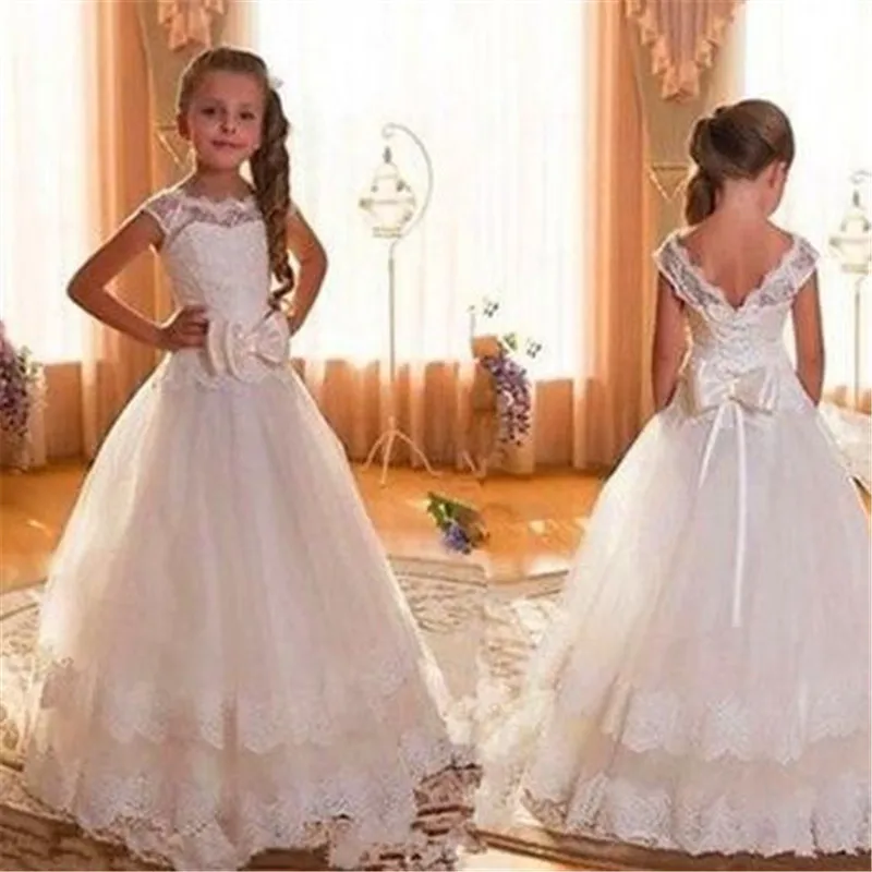 

Ivory Sequin Lace Applique Straps Flower Girl Dresses Backless Bow Sashes Prom Dresses Cute vestido de fiesta de boda