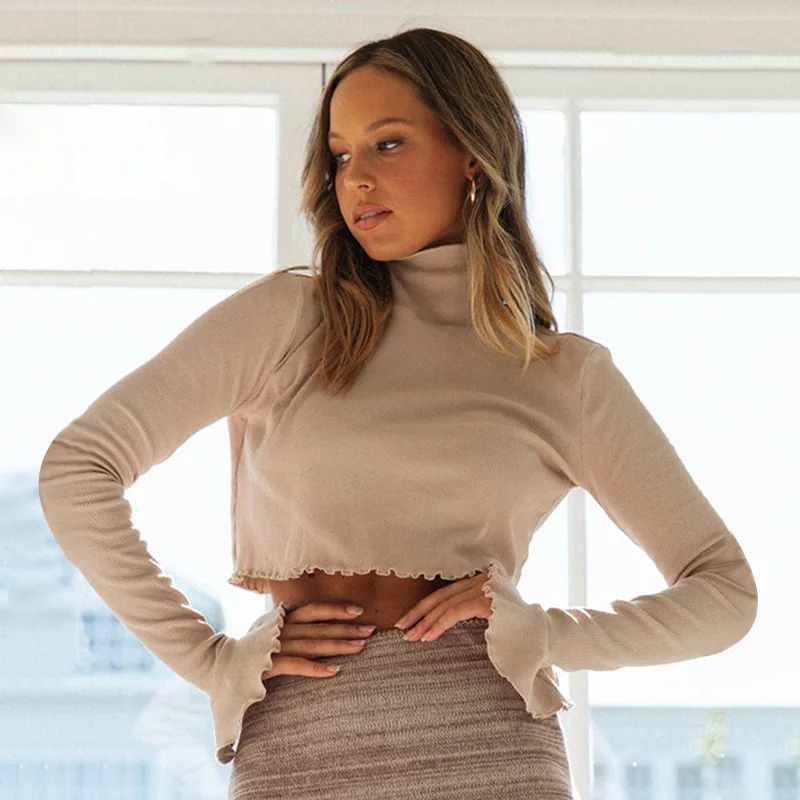 2019 Осенняя Женская трикотажная короткая футболка Топы однотонная бабочка рукава