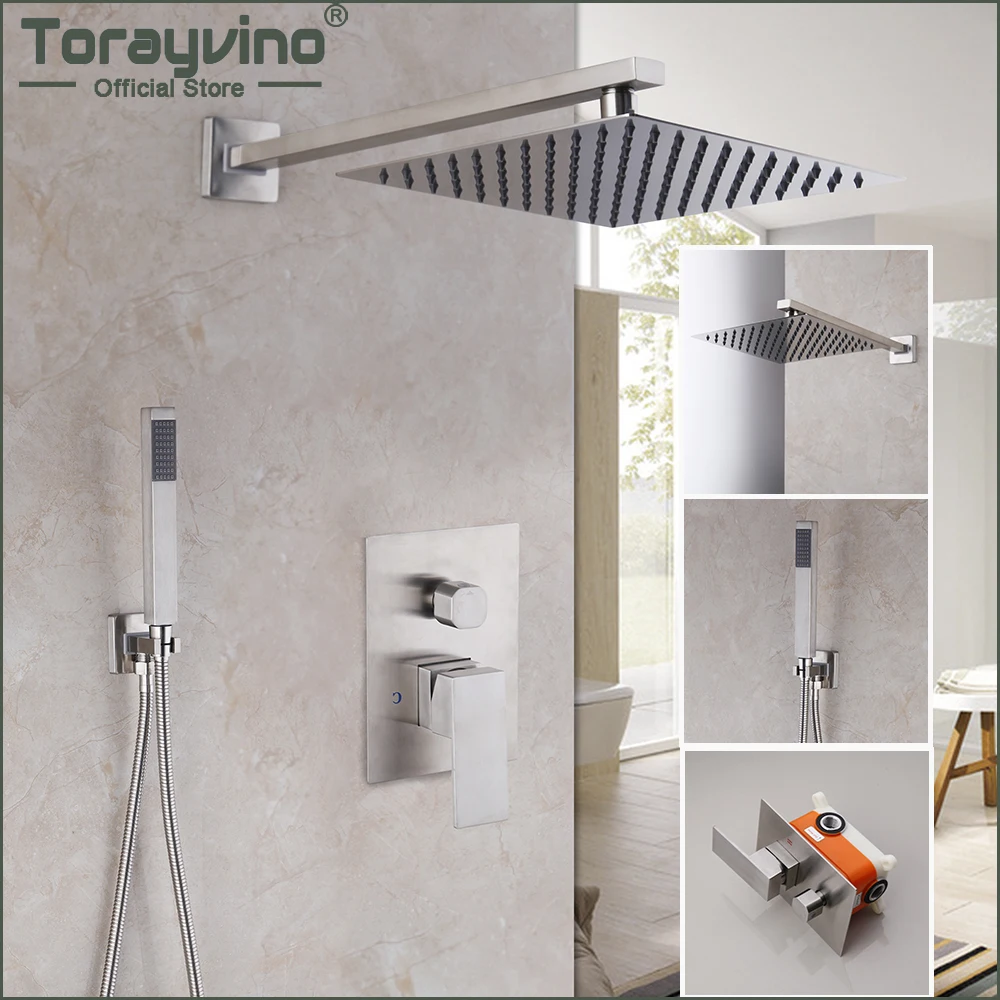 

Torayvino 8 Inch Square Rainfall Bathroom Shower Wall Mounted Faucet Combo Kit Concealed Nickel Brushed Bathtub Shower Mixer Tap