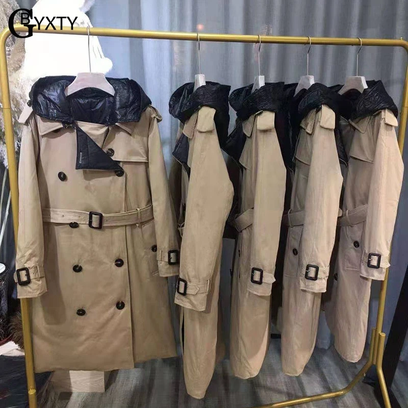 GBYXTY Длинный плащ пуховое пальто зимняя женская двубортная куртка с капюшоном с поясом на утином пуху парка ветровка ZA1735