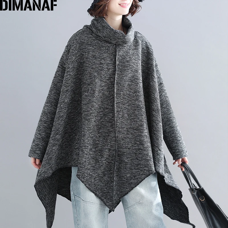 Женская трикотажная водолазка DIMANAF толстая Свободная рубашка серого цвета с соединением внакрой