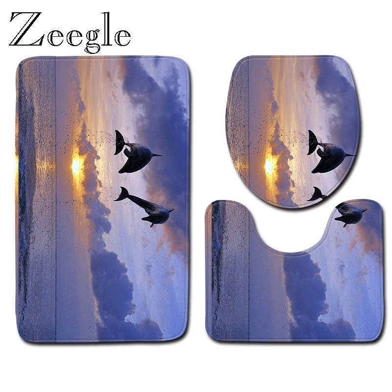 

Zeegle Dolphin Pattern 3pcs Bathroom Bath Mats Set Anti-slip Mats for Bathroom Bath Floor Mats Carpets Toilet Floor Rugs Carpets