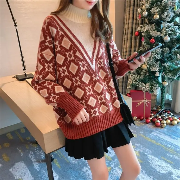 

2021 Sweaters for Women Retro Turtleneck Padded Autumn Winter Loose Fashion Sweater Turtleneck Women Oversized Sweater Korean