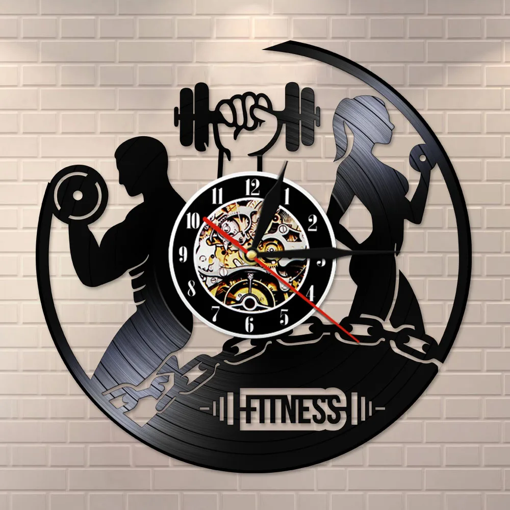 

Fitness Vinyl Record Clock Sport Body Health Handmade Sports GYM Wall Art Bodybuilding Room Decor Dumbbell Vintage LP Wall Clock
