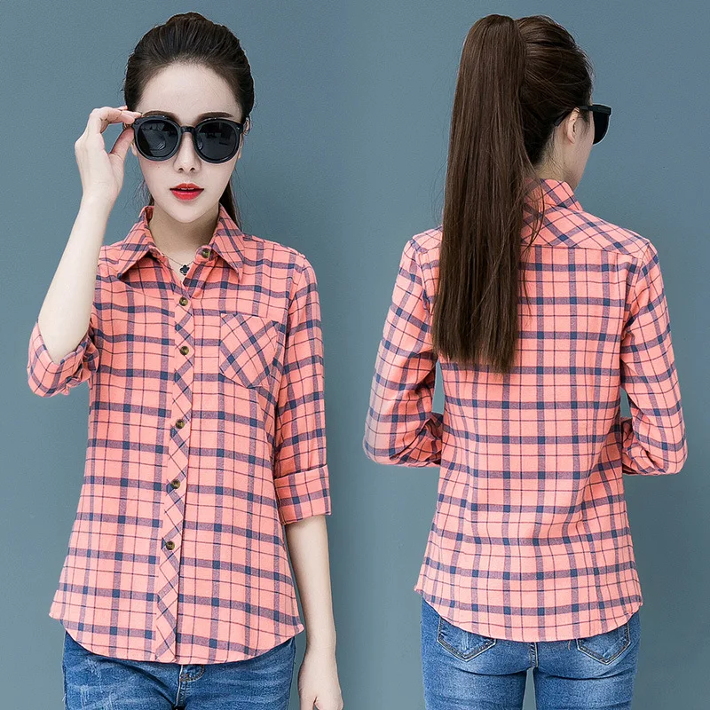 

Autumn Plaid Shirts Women Tops Long Sleeve Turn Down Collar Button Slim Shirt Casual Female Office Tops Female Clothes Blouses