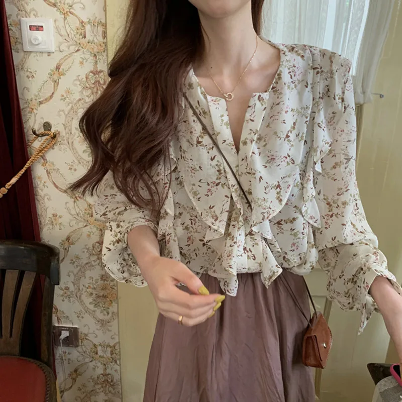 

Hzirip Korean Version Spring Sweet Elegant Thin Lotus Leaf Loose Fashion Versatile Lazy Floral Chiffon Ladies Long Sleeve Shirt