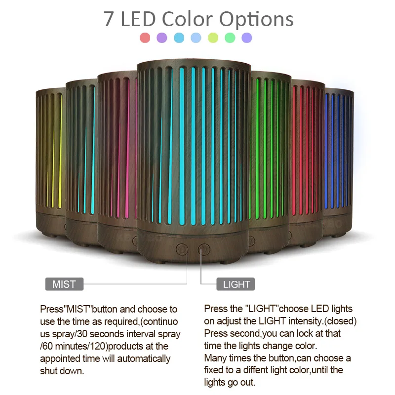 

100ml Air Diffuser Air Humidifier wood Hollow cylinder Electric Essential Oil Aroma with 7 color LED night light for home