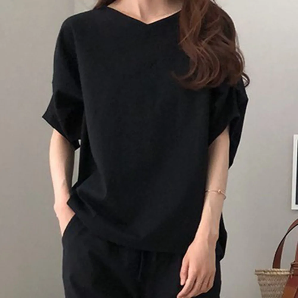 Летняя Корейская женская черная футболка в японском стиле Повседневная