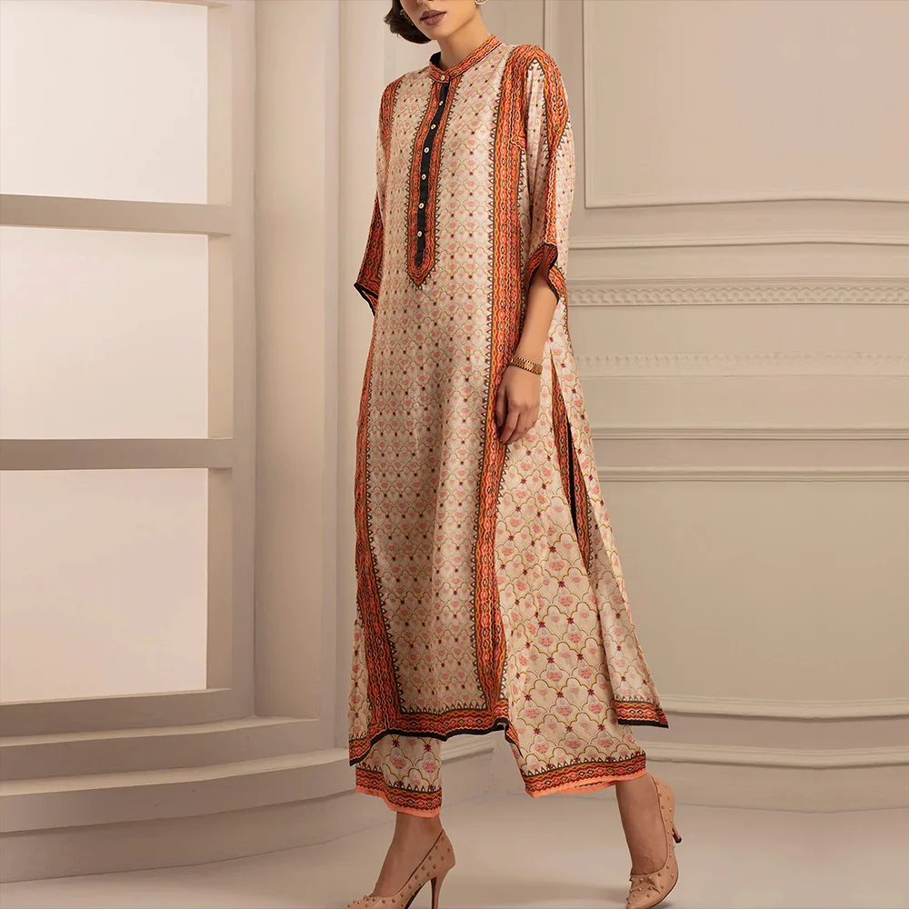 

2021 Autumn Middle East Muslim Women Fashion Loose Robe Elegant Stand Collar 3/4 Sleeve Split Long Maxi Dress