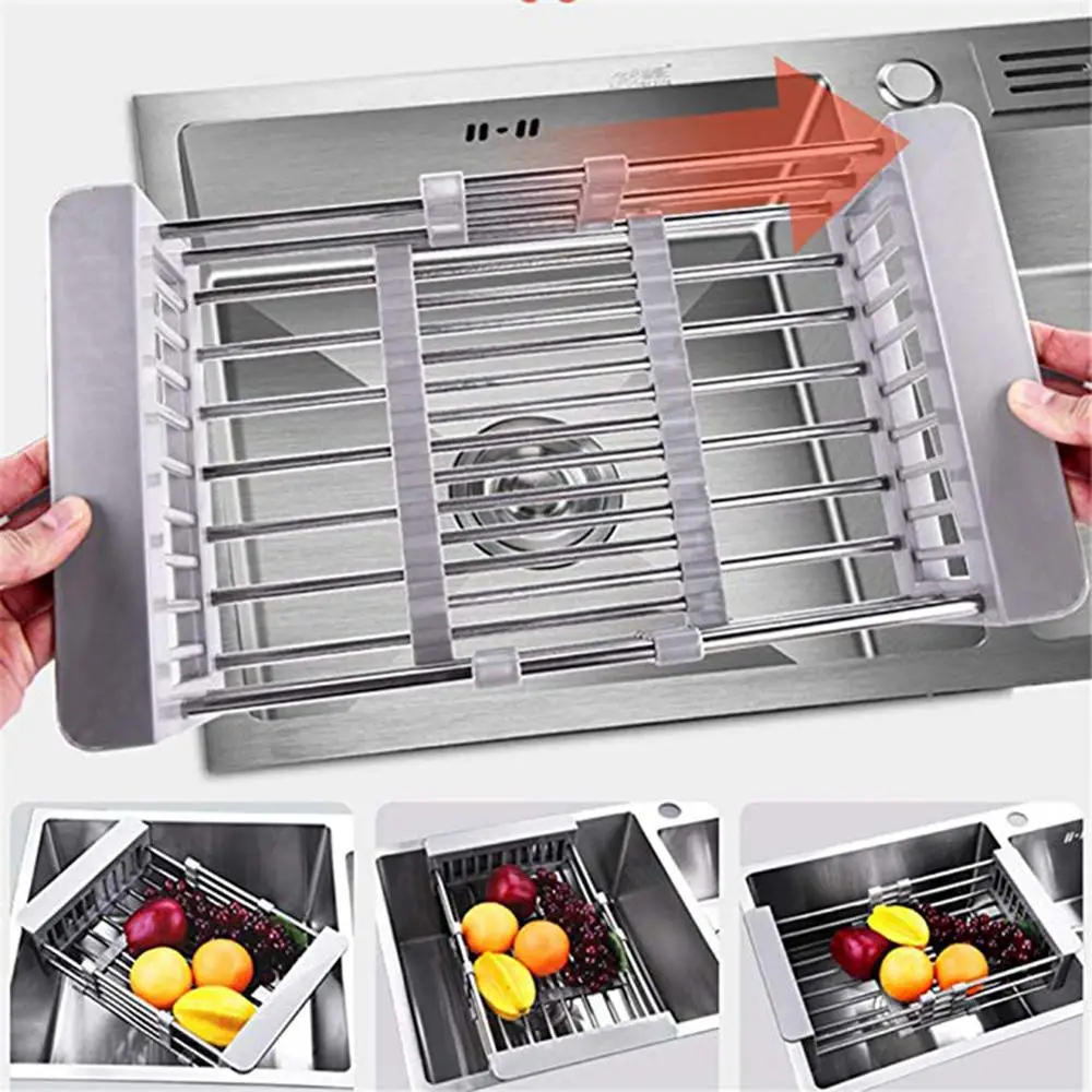 

Adjustable Stainless Steel Telescopic Kitchen Over Sink Dish Drying Rack Insert Storage Organizer Fruit Vegetable Tray Drainer