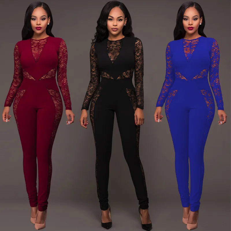 

New Arrival Lace Stitch Backless Autumn High Waist Jumpsuit Women Hollow Out Sexy Girl Rompers Long Sleeve Bodysuit Patchwork