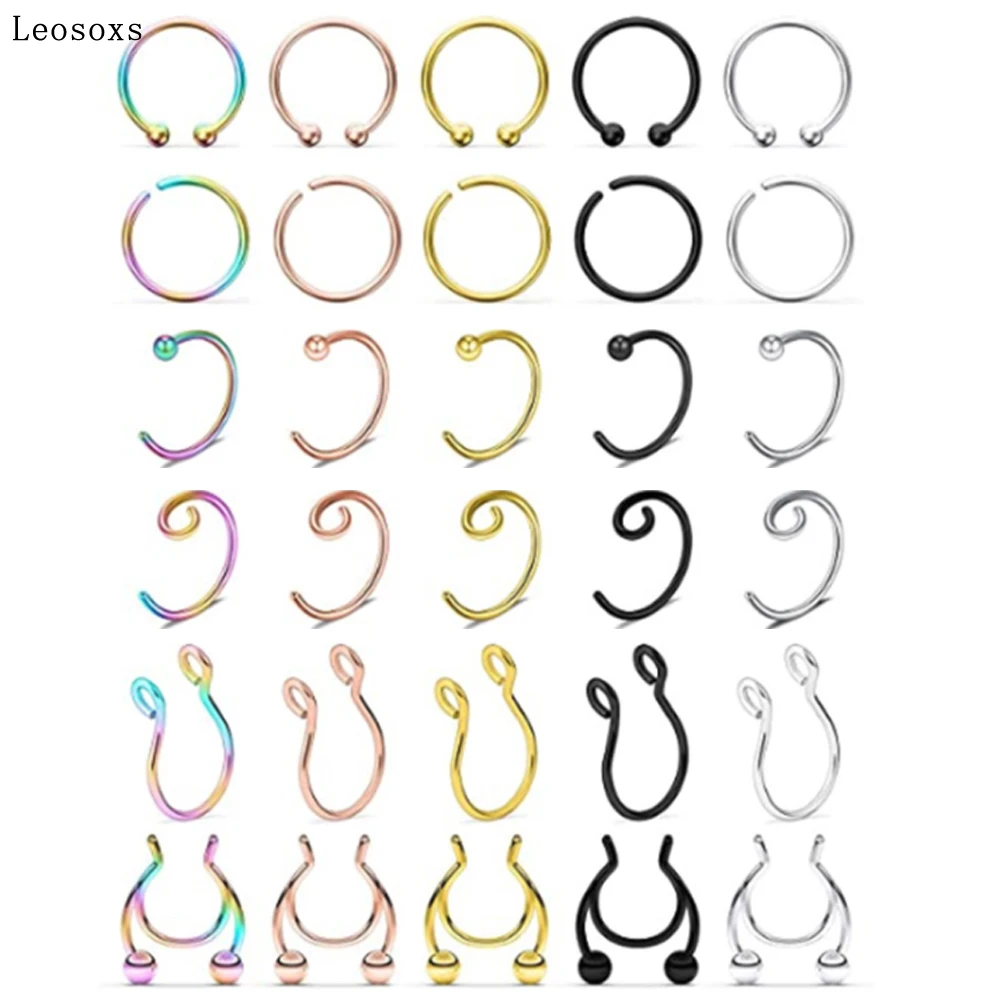

Leosoxs 30pcs New Fake Nose Ring Nose Nail Set Body Piercing Stainless Steel Jewelry
