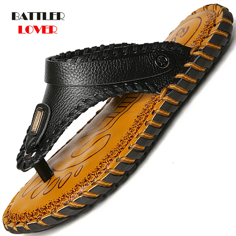 

2020 New Men Slippers Summer Beach Shoes Men Flip Flops Sandals Genuine Leather Slip-on Breathable Sandalias High Quality Casual