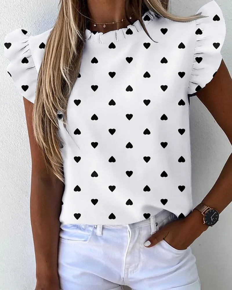 

Summer Ruffle short sleeve round neck women's shirt Flower print hollow out female top shirt casual ladies blouse