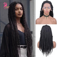synthetic senegalese twist braided lace front wigs heat resistant fiber wigs for black women long braids hair wigs black color