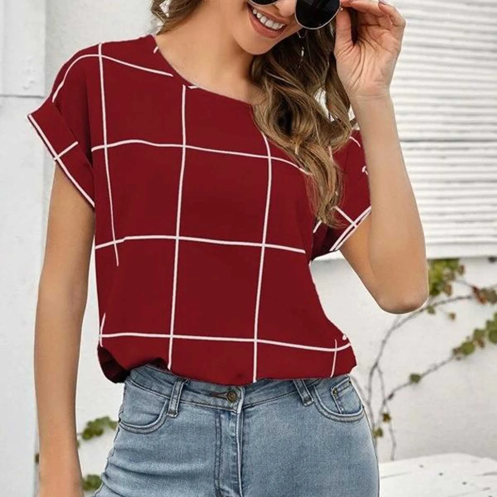 Элегантная клетчатая блузка Женский Повседневный пуловер в клетку с круглым