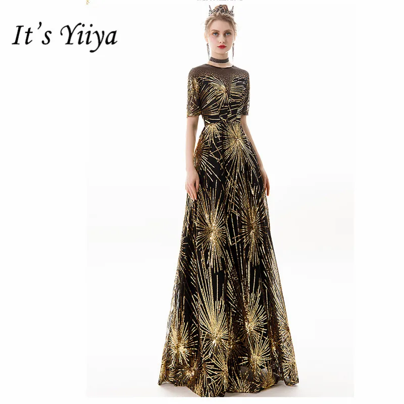 

It's Yiiya Evening Dress 2019 Gold Sequins O-neck Women Party Dresses Short Sleeve Floor-Length Plus Size Robe De Soiree E823