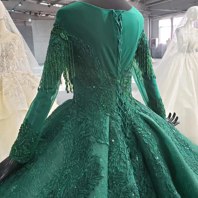 BGW 2020 Green Muslim Evening Dress Plus Size O-neck Long Sleep Green Ball Town Dress Party Evening Town Dubai Dress