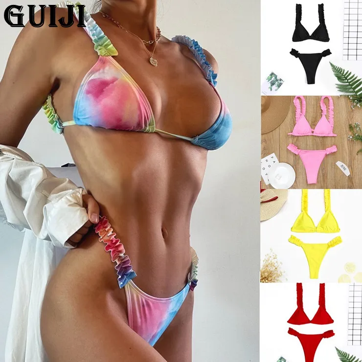 

【GUIJI】Ready Stock 2021 Summer Sexy Ruffled Swimsuit Ladies Bikini Two-piece Swimsuit Solid Color Swimsuit Free Shipping
