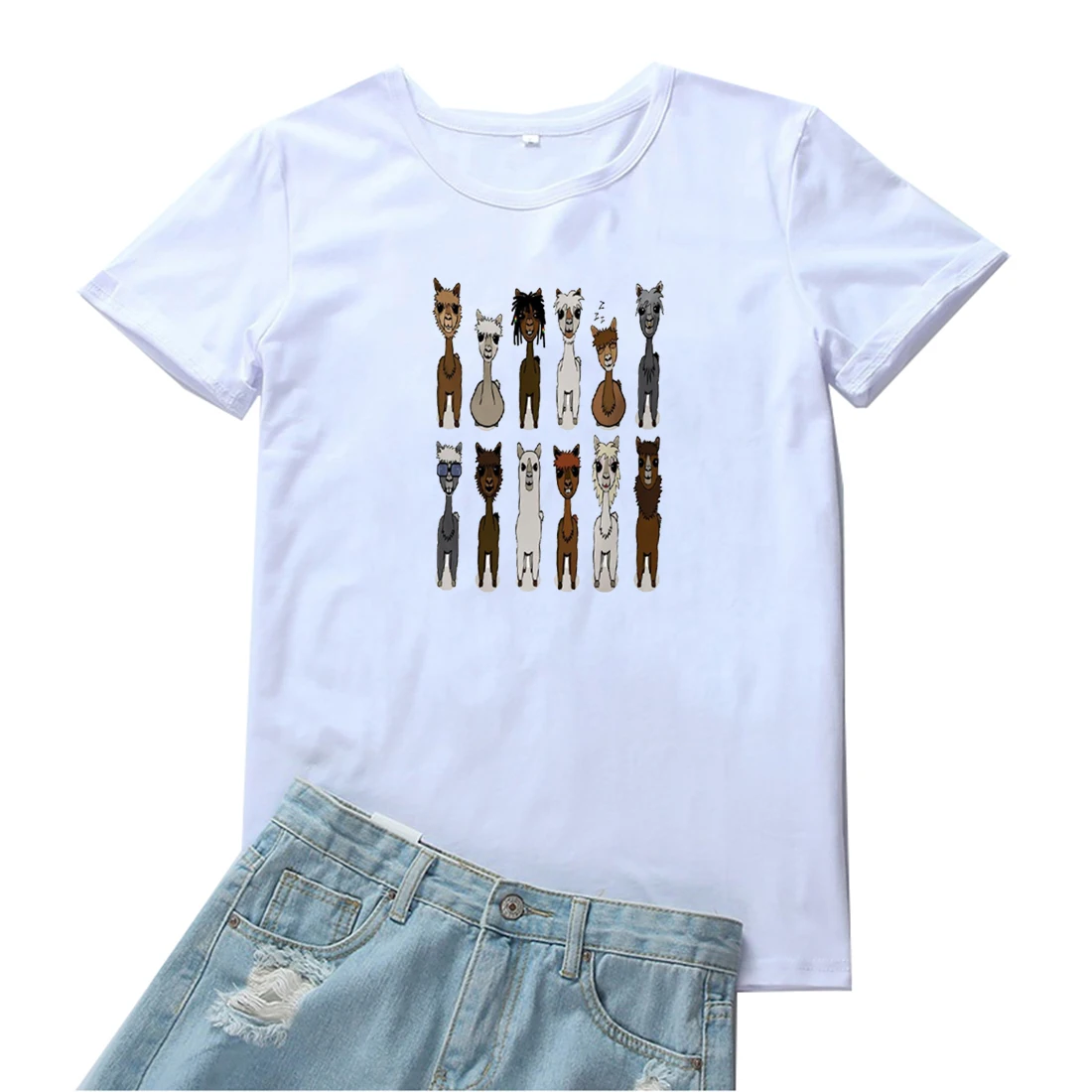 

Alpaca Family Women T Shirt Cute Print Pattern Tshirts Women Funny Cartoon Animal Graphic Tees Women Casual O-neck T-shirt Women