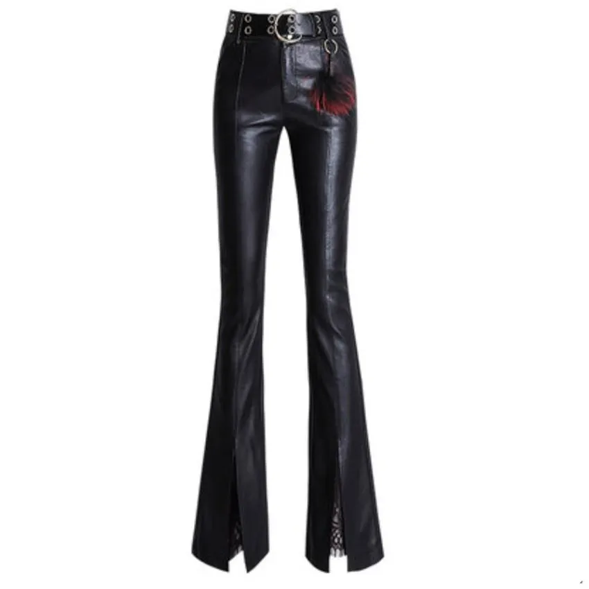 Из искусственной кожи Сезон осень Джинсы с высокой талией расклешенные pantsWomen