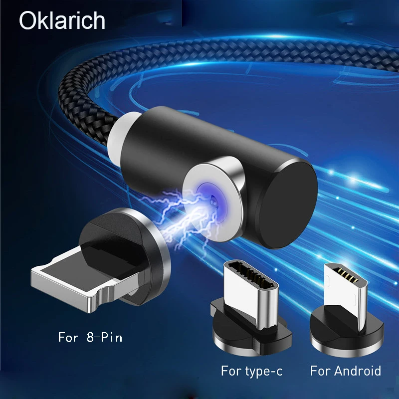 Oklarich Магнитный кабель Micro USB Type C для быстрой зарядки iPhone Lighting 8 Pin LED Type-C зарядный