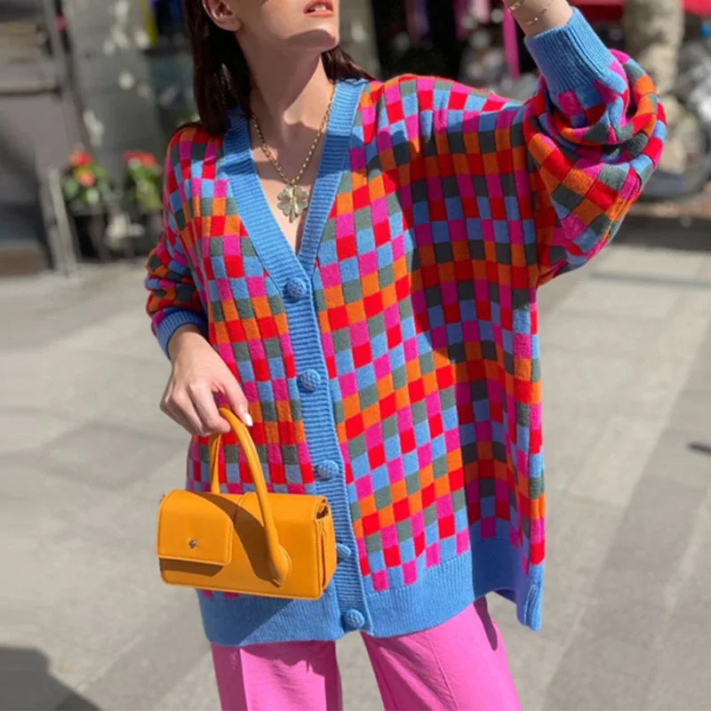 

Knitted Contrasting Plaid Women's Cardigans Swaeter Casual Single-breasted Button Ladies Cardigan Autumn Winter Female Kintwear