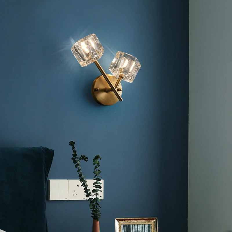 

Nordic minimalist wall lamp living room modern light luxury crystal wall lamp bedroom bedside hotel aisle all copper lamps