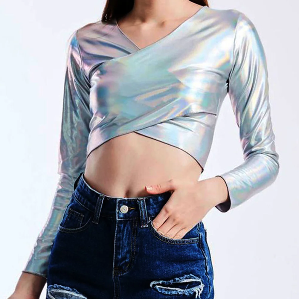 Сексуальный короткий топ с длинными рукавами для женщин блестящие металлические
