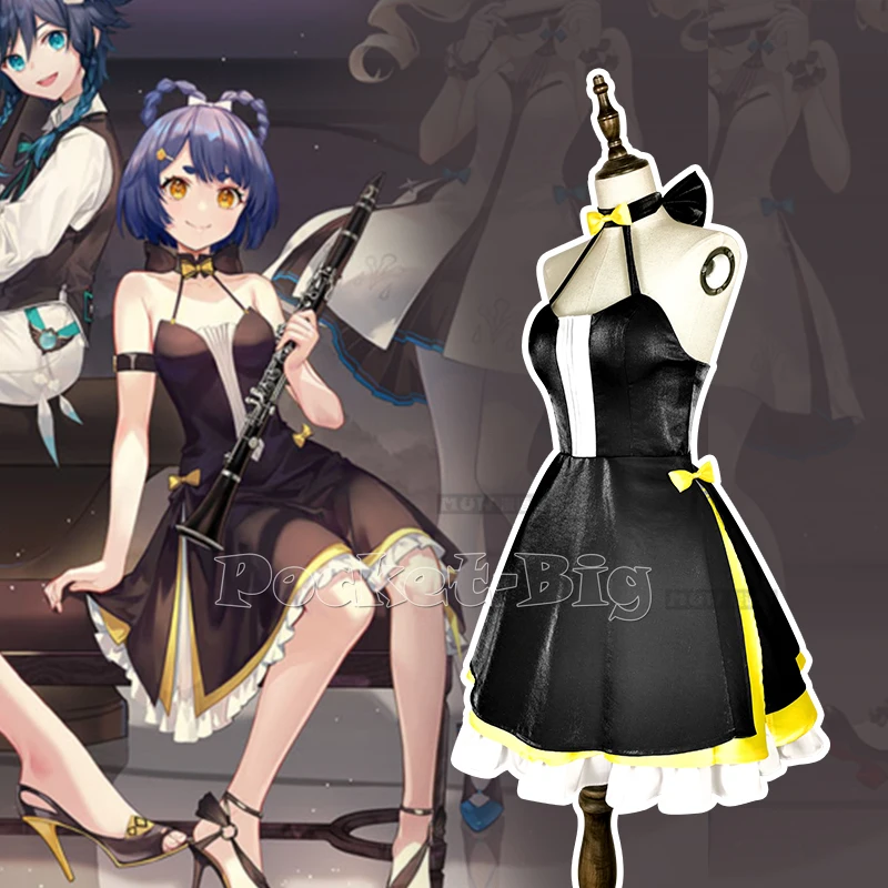 

Костюм для косплея Genshin Impact Game Xiangling, симфонический оркестр, черное платье, бант, комплект из 5 предметов