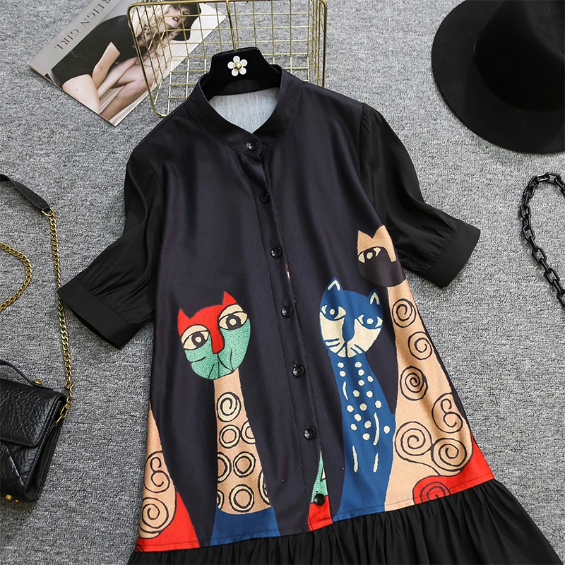 Женское платье рубашка в офисном стиле с мультяшным принтом животного свободная