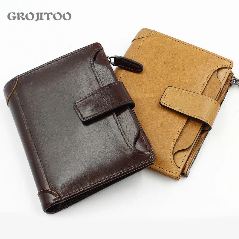 

Кошелек GROJITOO из натуральной кожи для мужчин, короткий бумажник на молнии с пряжкой, кошелек для мелочей в деловом стиле