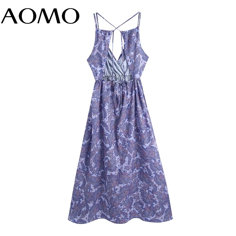 

AOMO Women 2021 Fashion Paisley Print Midi Dress Vintage Backless Elastic Waist Thin Straps Female Dresses Mujer BE909A