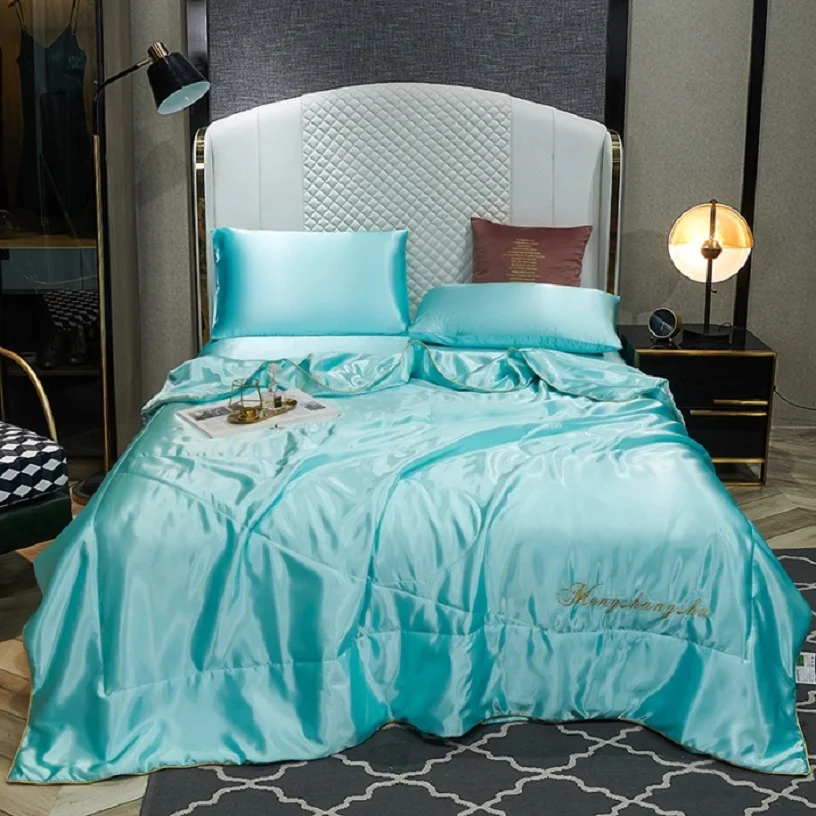 

Water-washed Tencel Embroidered Thin Summer Quilt Home Decor Solid Color Air Conditioner Cool Ice Silky Blanket Queen King Size