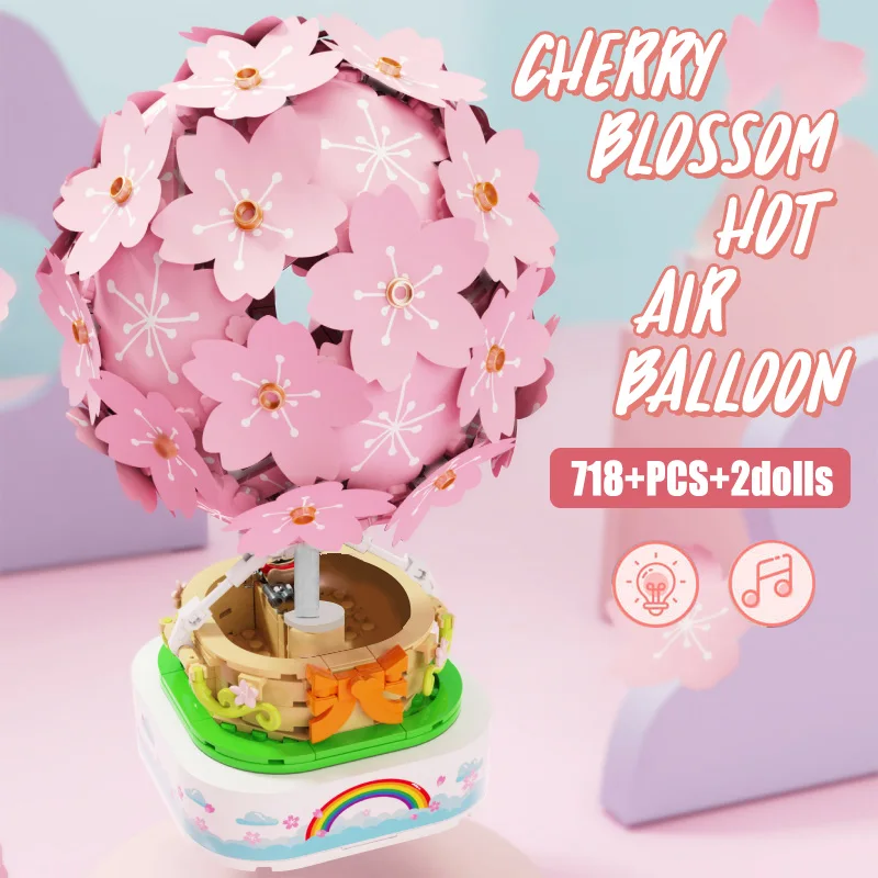Creative Sakura Hot Air Balloon Friends Building Blocks City Street View Cherry Blossoms Music Box House Brick Toys for Children